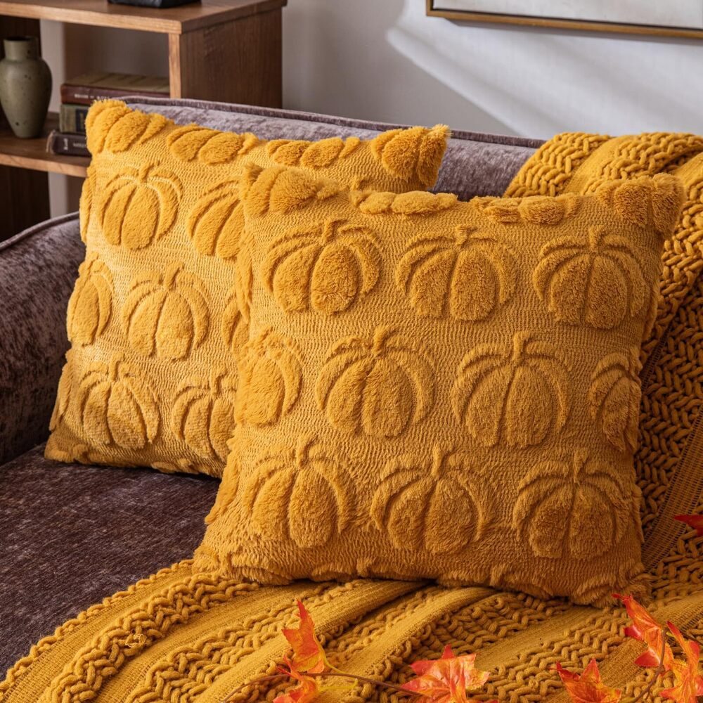 6430 Pumpkin Fall Decorative Throw Pillow Covers 20"x20", Set of 2 Mustard